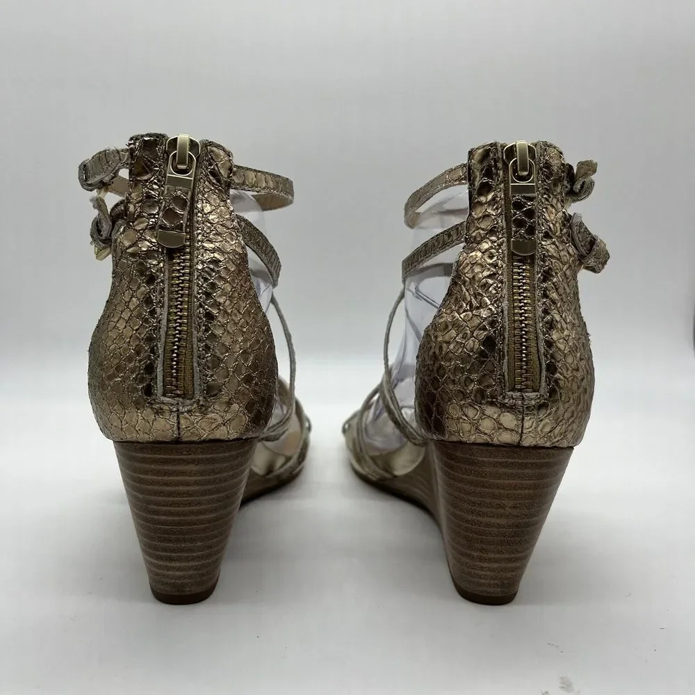 Eileen Fisher Women's 9.5 Gold Strappy Platform Wedge Shoes Sandals‎ Back Zip